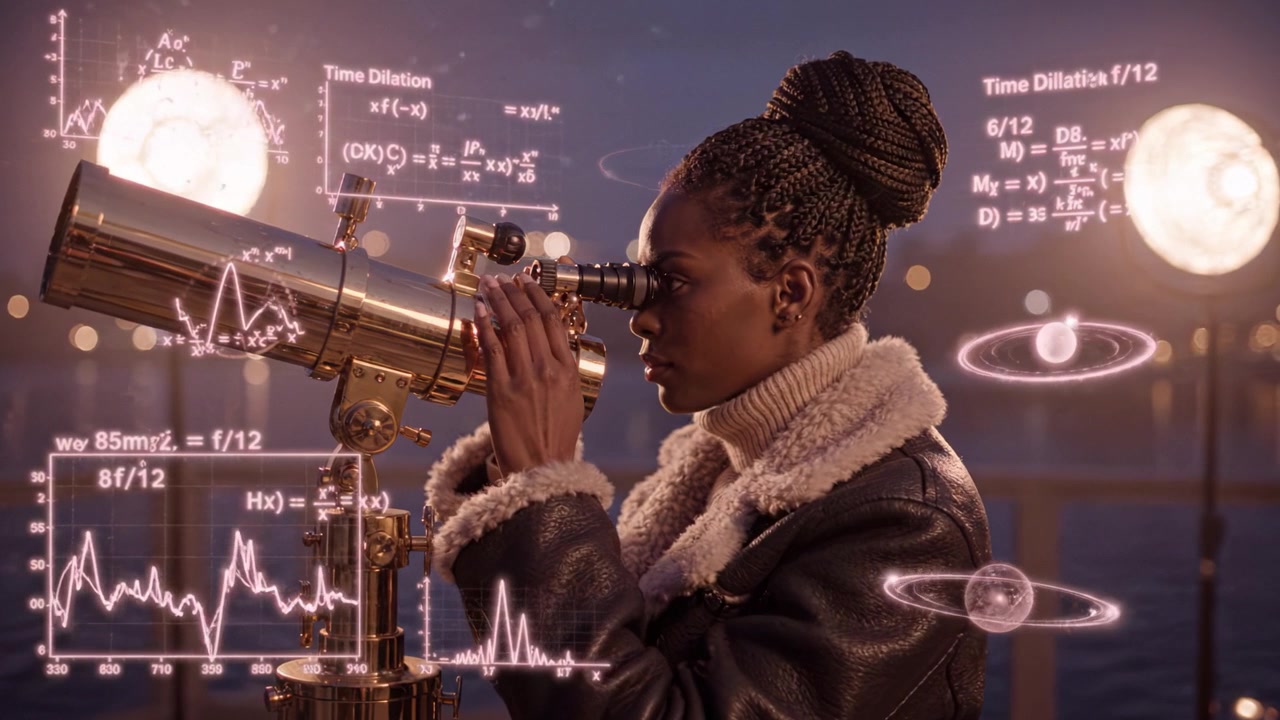 Exploring the Cosmos: A Young Astronomer Engaged in Time Dilation and Gravitational Studies with a Telescope Under Starry Skies at Dusk