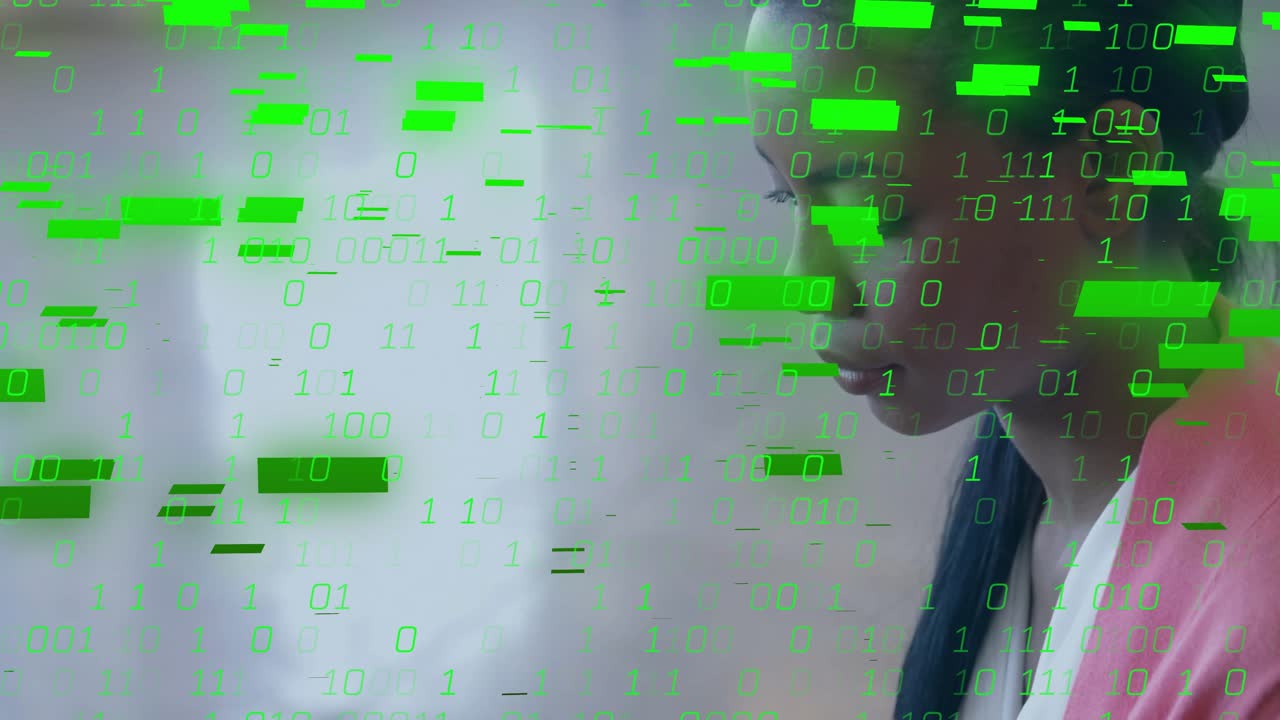 Animation of binary coding data processing over diverse business people in office
