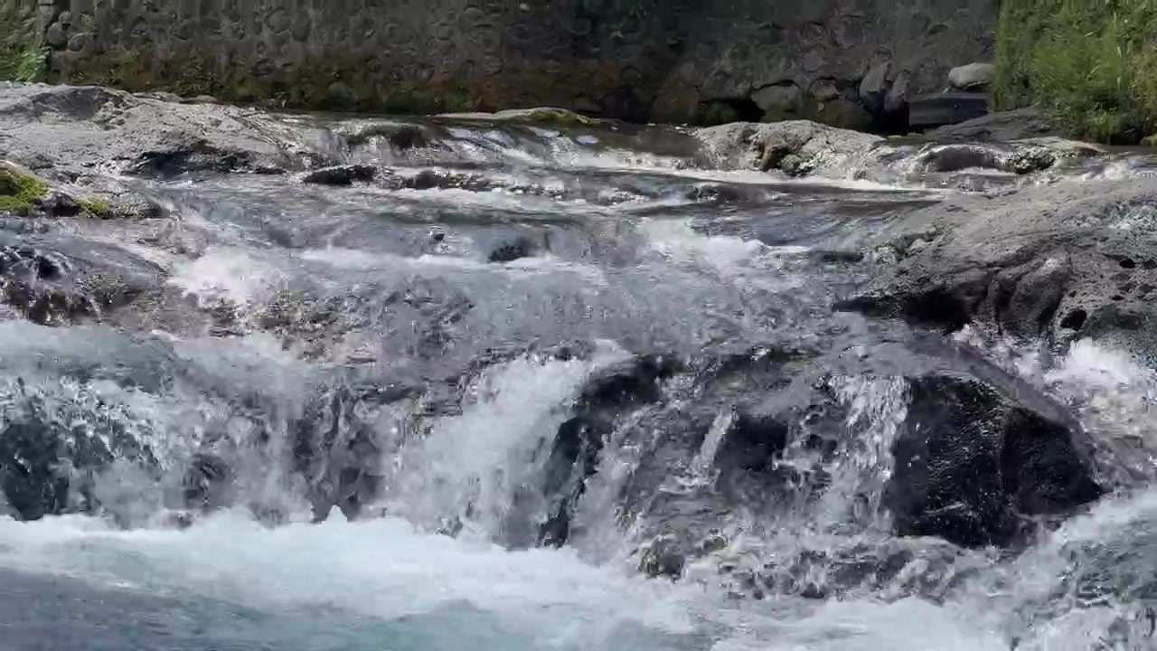 Acqua limpida che scorre su rocce scure in un ruscello di montagna