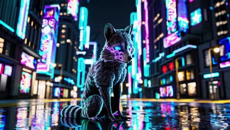glowing raccoon in a neon cyberpunk city