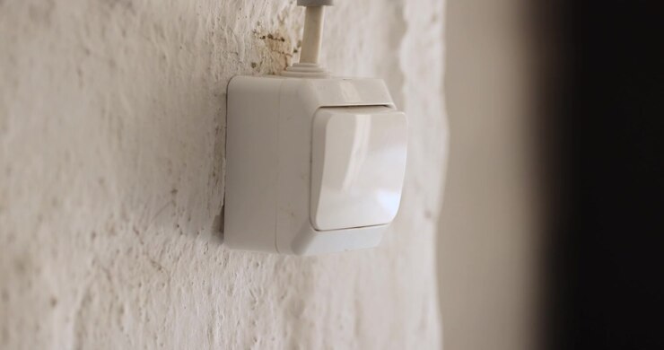 Close-up of a wall-mounted garage door switch being pressed to operate a residential garage door.