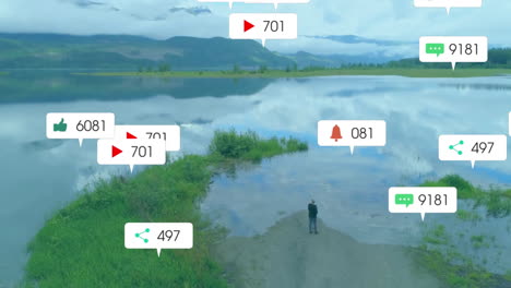 animation of social media icons with numbers over lake landscape