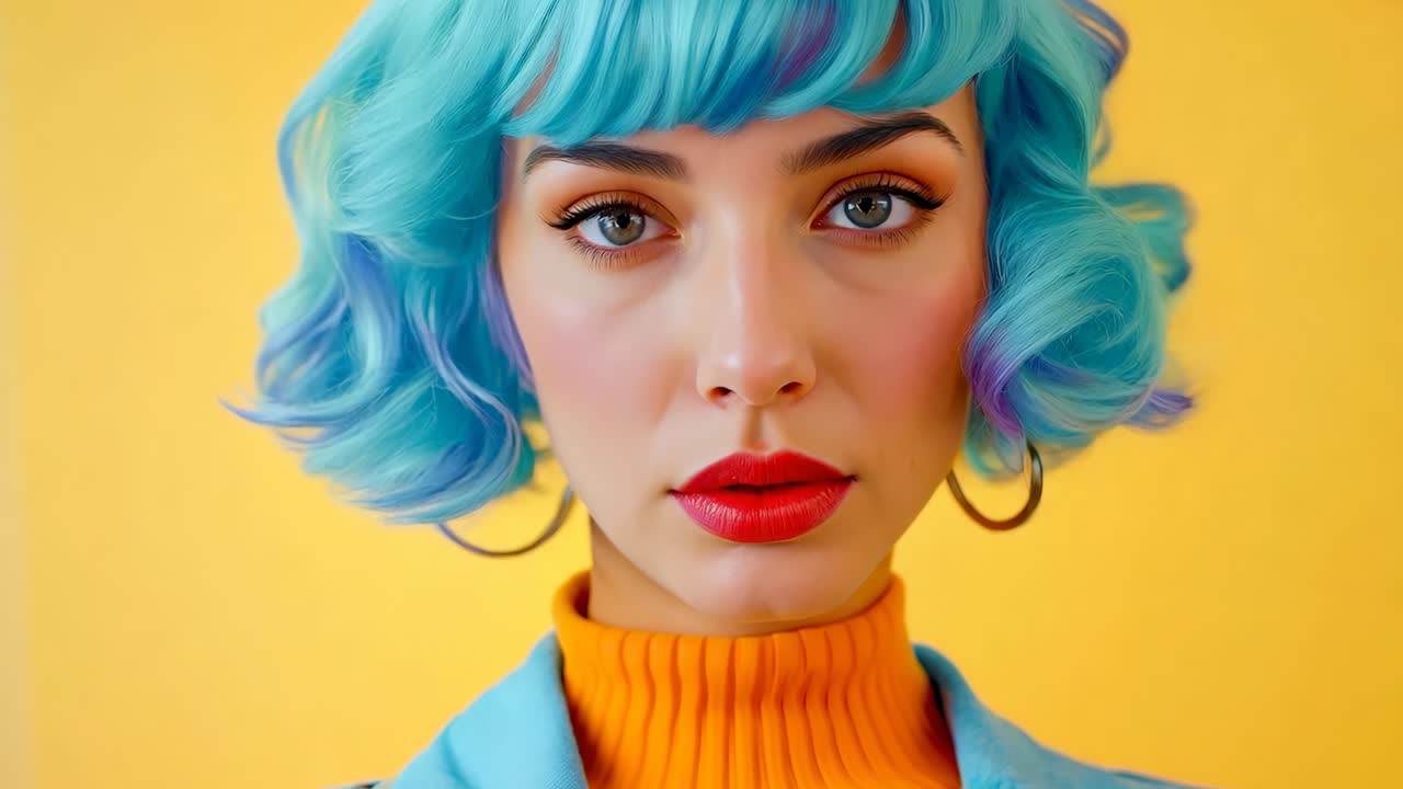 una mujer con cabello azul y fondo amarillo