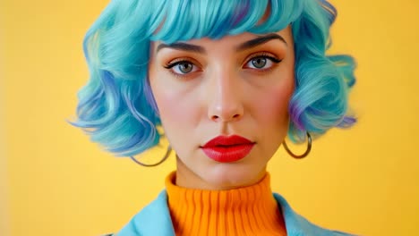 a woman with blue hair and a yellow background