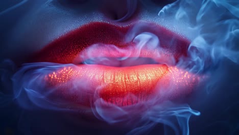 a close up of a woman's lips with smoke in the background. the lips are red and the smoke is blue