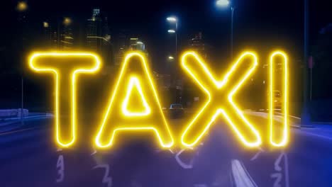 bright yellow neon taxi sign glowing on a bustling city street at night, illuminating the urban landscape with vibrant light