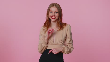 businesswoman in blouse showing need a little bit gesture with sceptic smile showing minimum sign