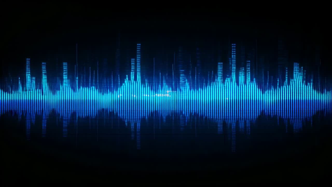 Emerging from dark screen blue waveform bars fluctuating across display, visualizing audio rhythm