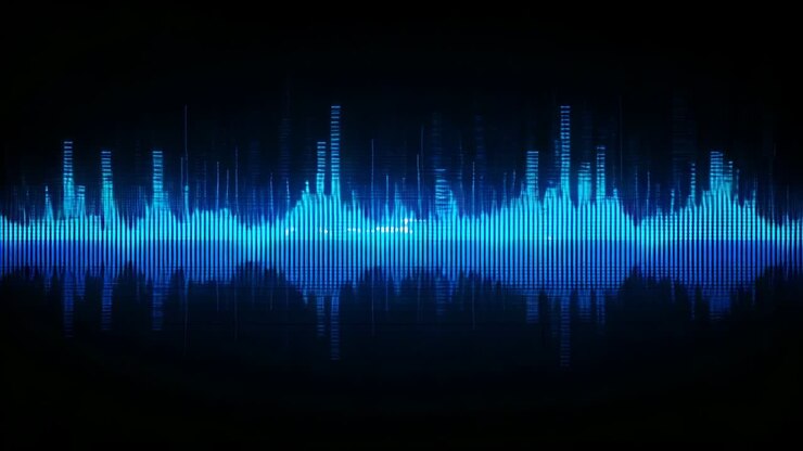 Fremkommer fra en mørk skærm med bl{waveform} bl{bars} der svinger hen over displayet, og visualiserer audiarytmen