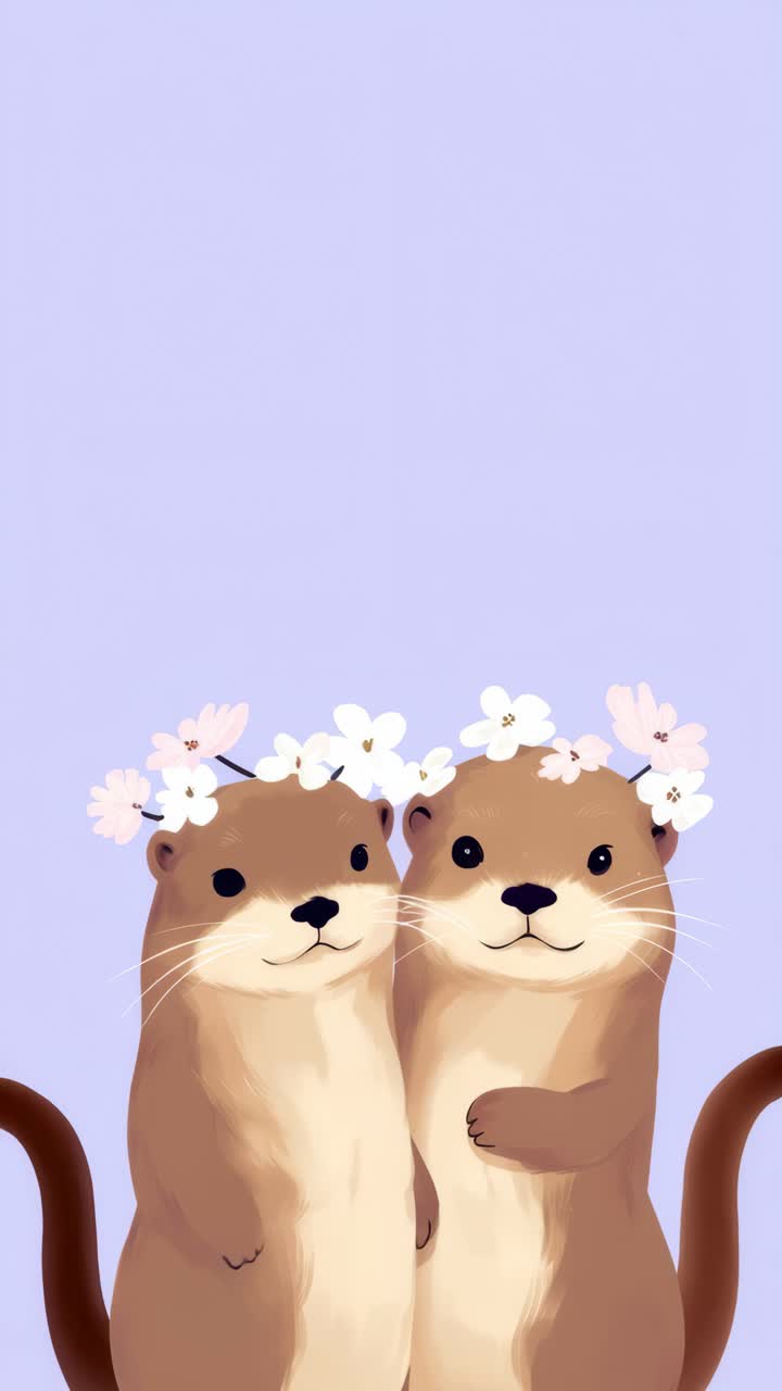 Illustration of two otters with flower crowns, front view. Pastel colors create a playful, whimsical
