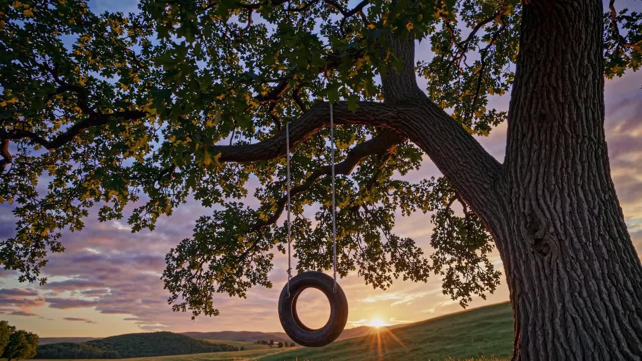 Una scena video nostalgica di un'altalena fatta con un pneumatico appesa a un albero al tramonto, ripresa da un angolo basso