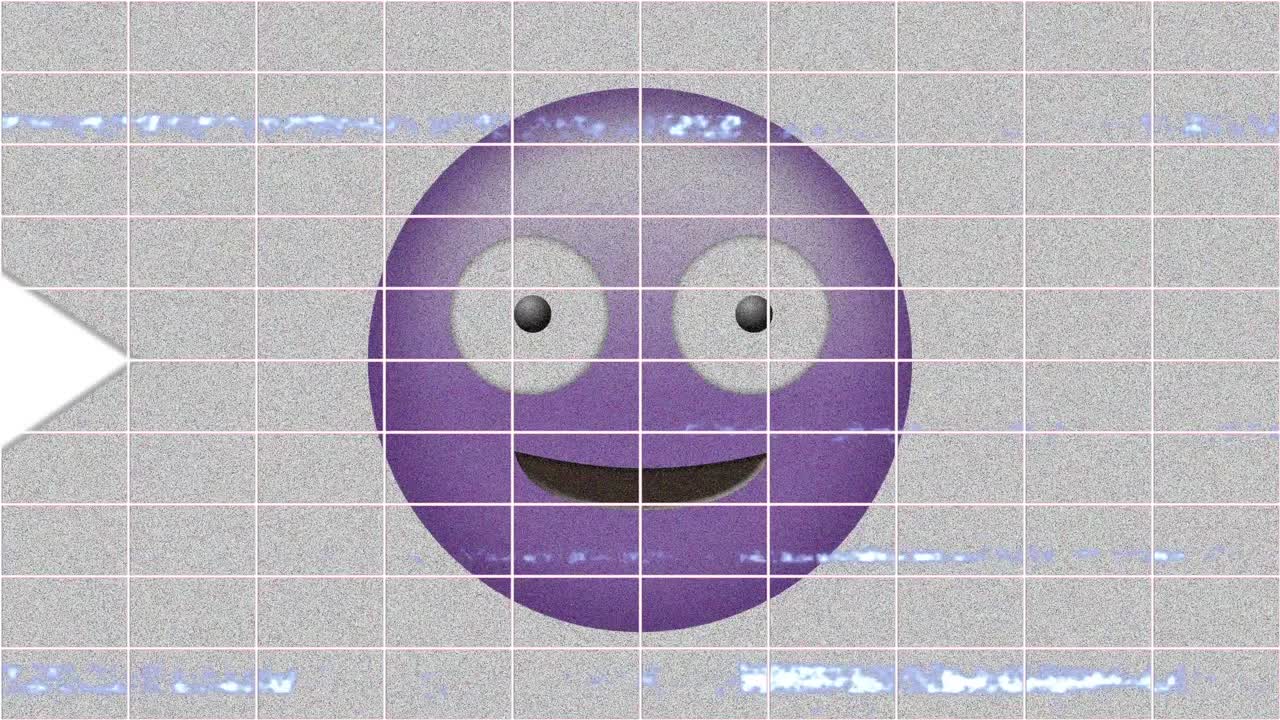 Arrow moving side wards over grid network against purple silly face emoji on grey background