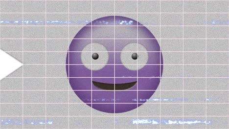 Pfeil,-Der-Sich-Seitwärts-über-Das-Gitternetz-Bewegt,-Vor-Violettem-Emoji-Mit-Albernem-Gesicht-Auf-Grauem-Hintergrund