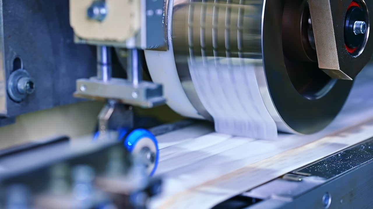 Diaper manufacturing enterprise. Big spinning shaft sends the pieces of fiber to the conveyor belt. Modern industrial plant.