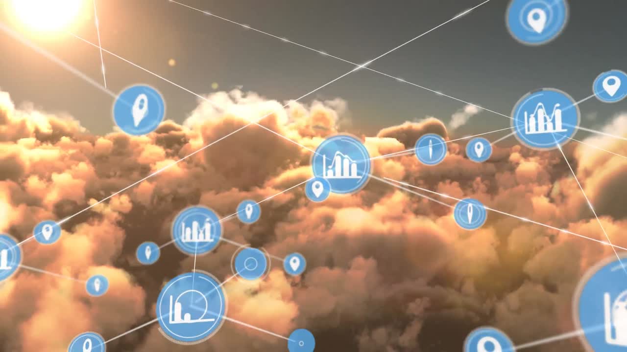 анимация сети соединений с иконами над небом с облаками