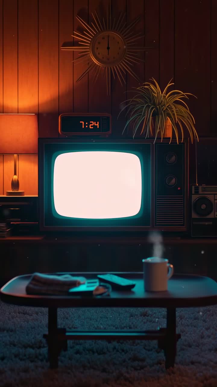 Accogliente salotto retrò con TV vintage che mostra neve. Angolazione bassa, illuminazione calda, tema video.
