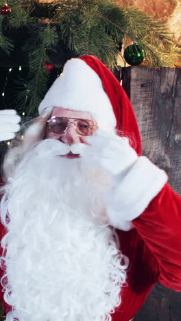 cheerful santa claus dances, sings and waves his hands in his residence. vertical video