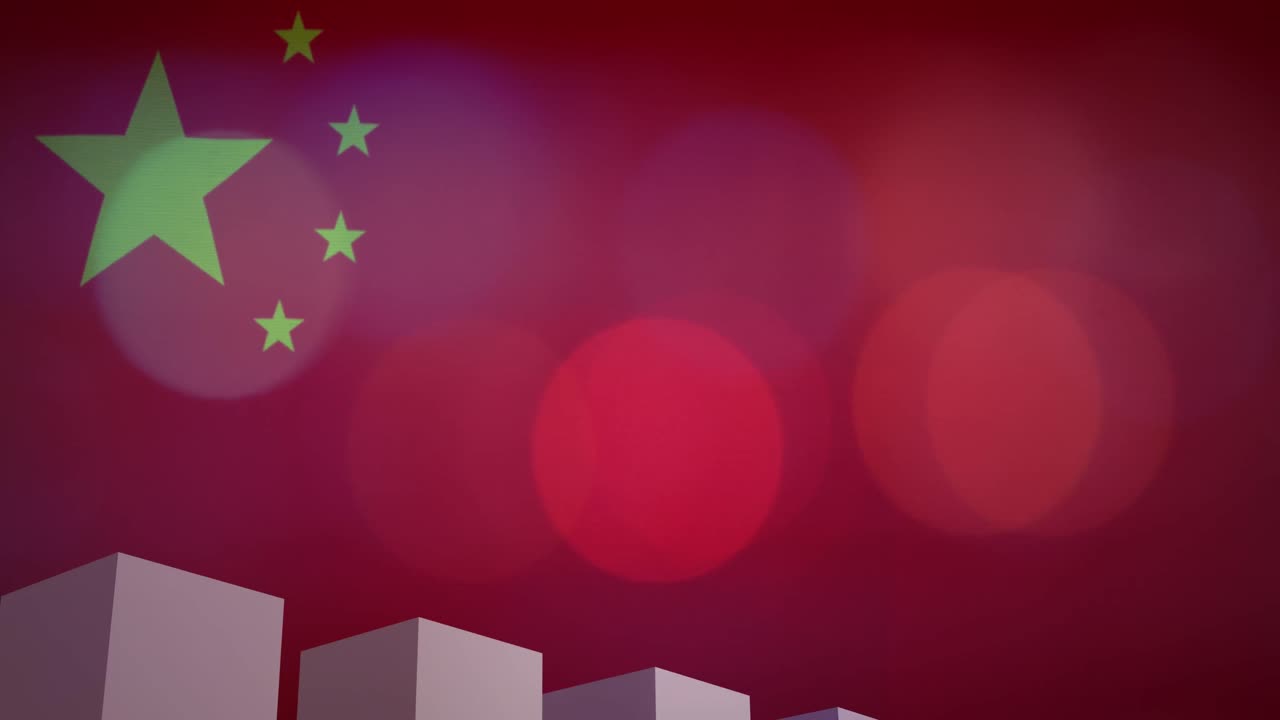 animación del procesamiento de datos financieros, bandera de china sobre las luces parpadeantes