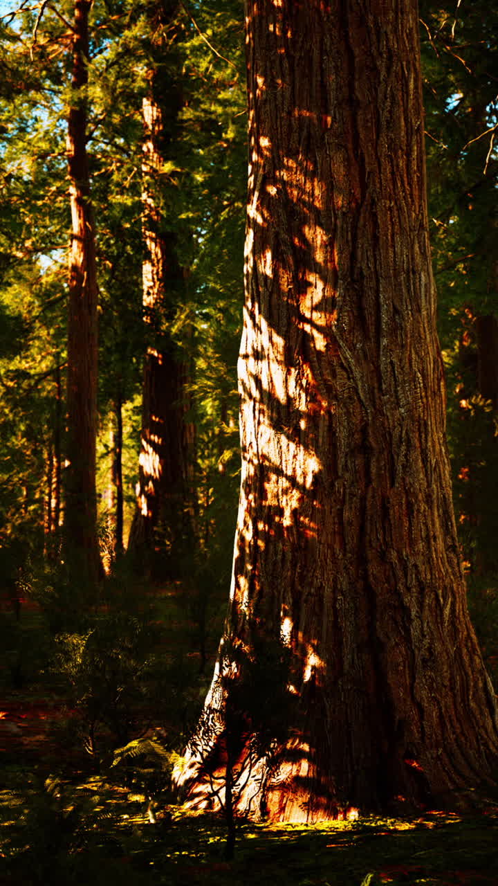 la luz del sol filtrándose a través de los árboles altos de un bosque de sequoias