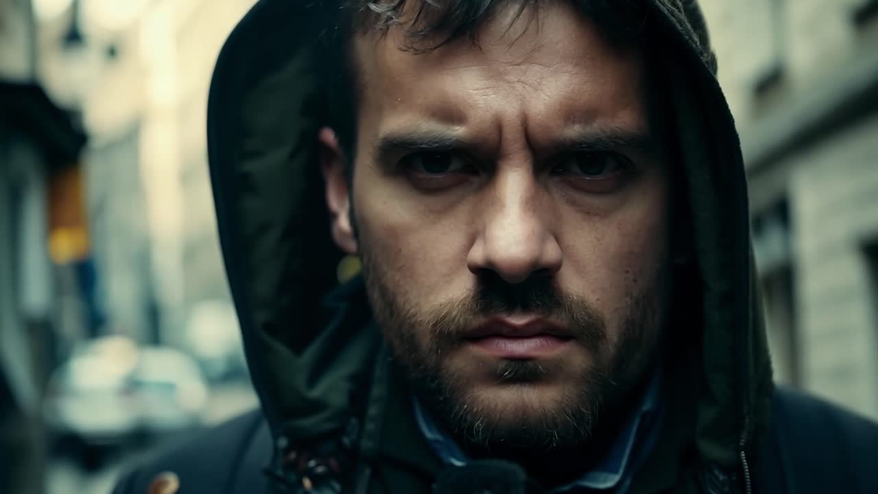 진지하게 보이는 후디를 입은 남자