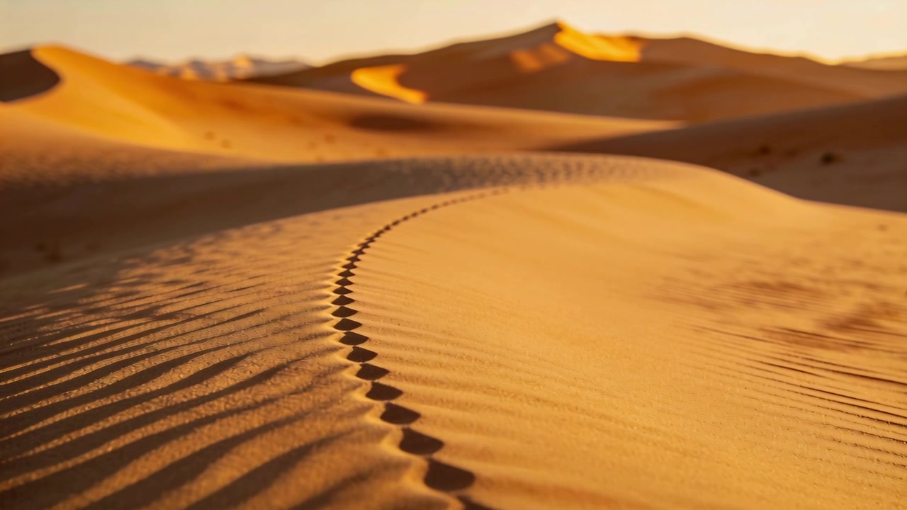 Telecamera in movimento che mostra una linea curva di depressioni circolari sulla cresta della duna all'ora d'oro.