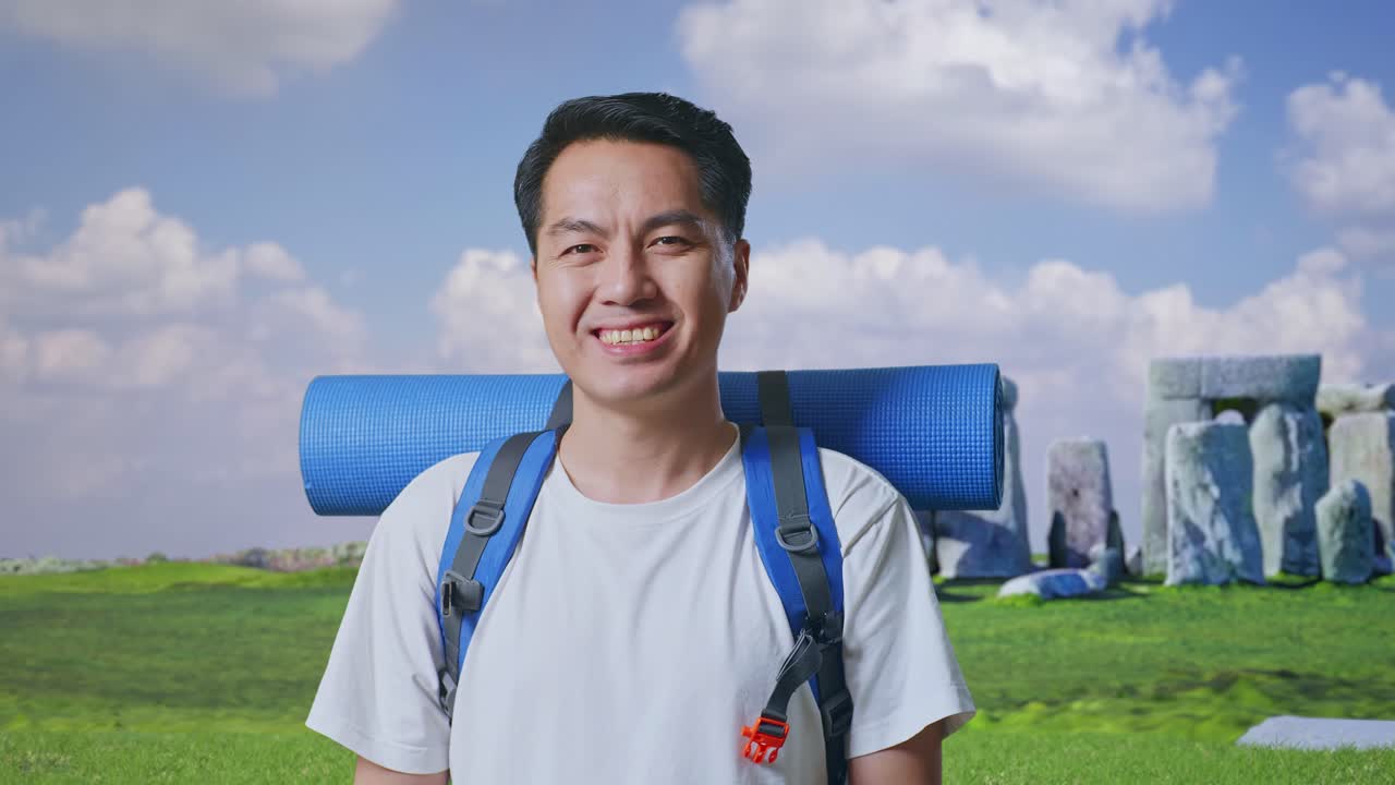 배 을 들고 행복 한 여행자