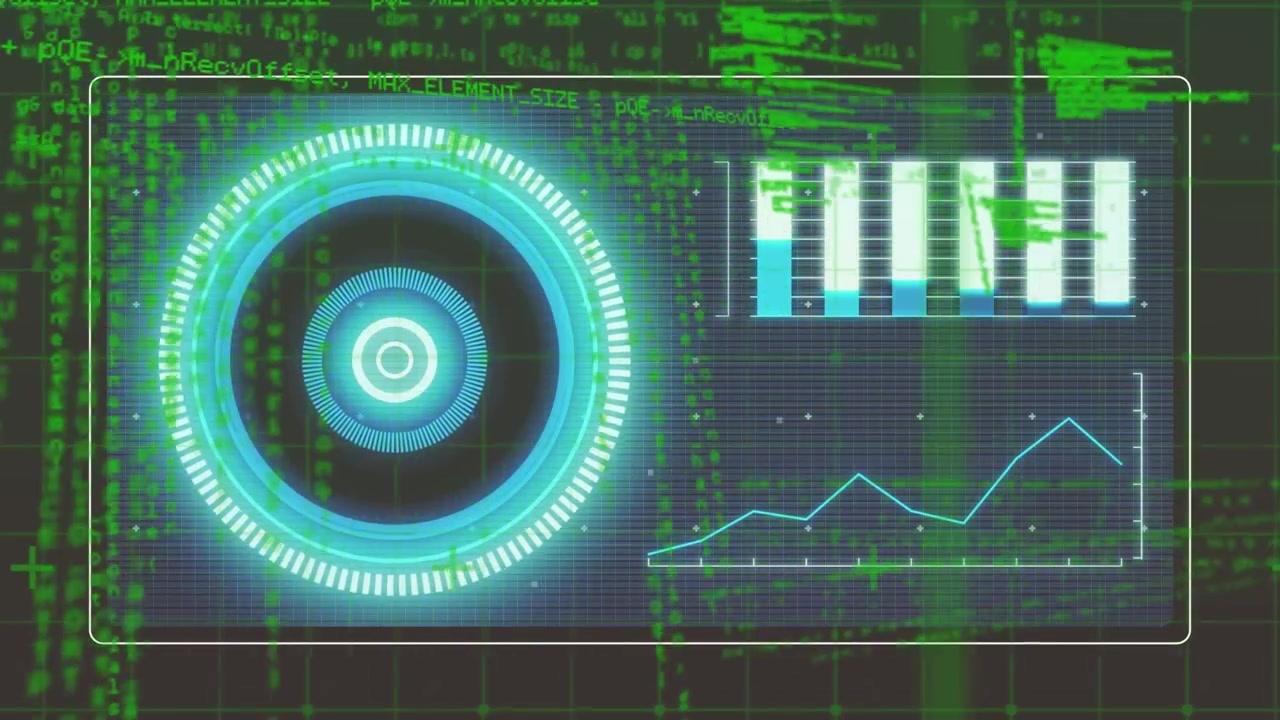 Animation of digital scope scanning with bar and line graphs over computer language and grid pattern
