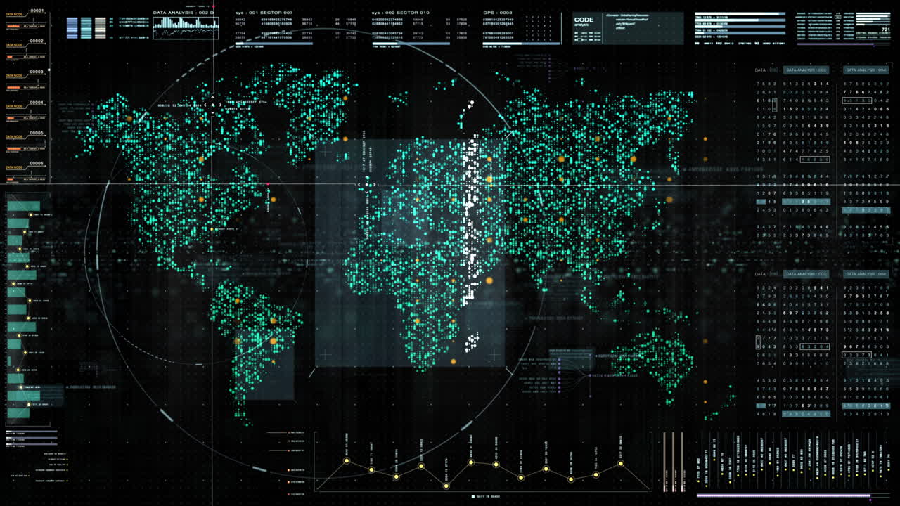 Futuristic global communication via broadband internet connections between cities around the world with matrix particles continent map for head up display background