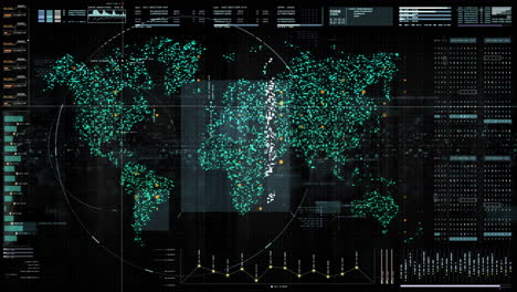 futuristic global communication via broadband internet connections between cities around the world with matrix particles continent map for head up display background