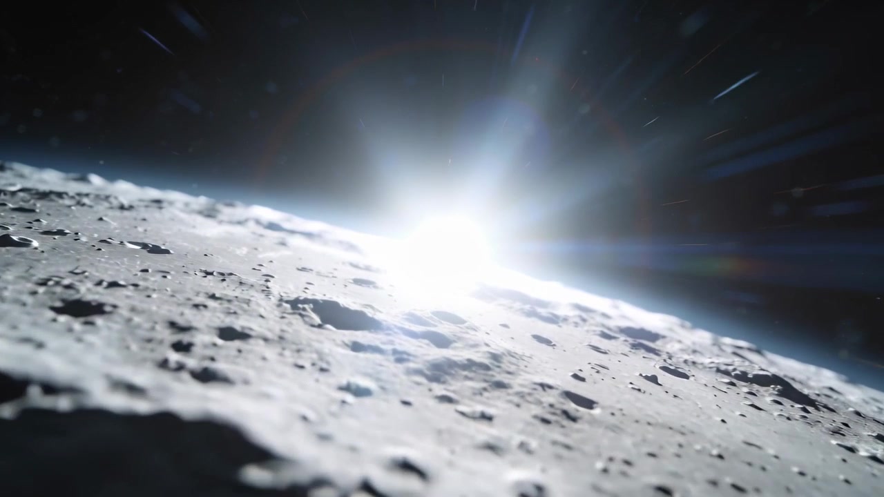 Il sole che sorge avvia un sorvolo ravvicinato della telecamera sulla superficie lunare craterizzata, rivelando striature di lens flare.
