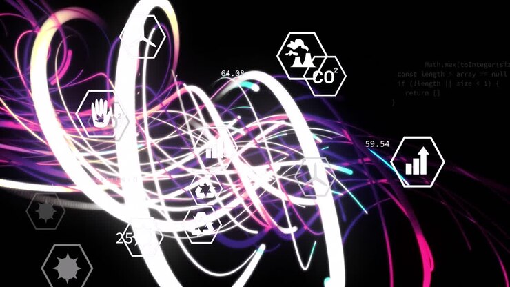 Animation of wavy lights and eco icons on black background