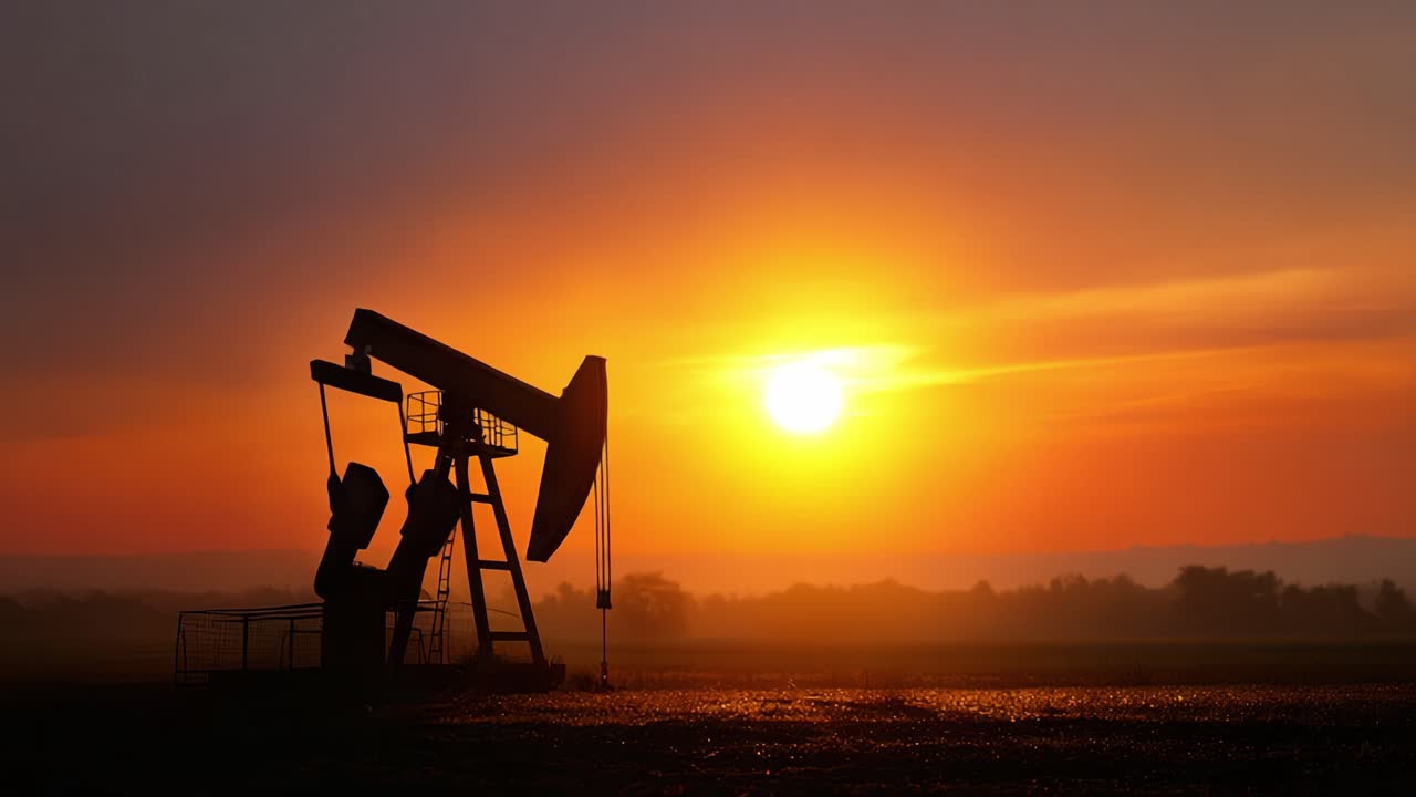 Un impresionante atardecer ámbar enmarca un balancín de extracción de petróleo silueteado contra el cielo, capturando la esencia de la extracción de recursos naturales en un paisaje sereno.