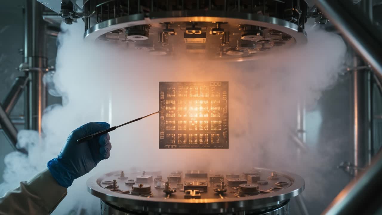 Advanced Quantum Processor in Cryogenic Environment: A Close Up of a Researcher Manipulating a Chip Amidst Foggy Atmosphere Capturing the Essence of Cutting-Edge Technology