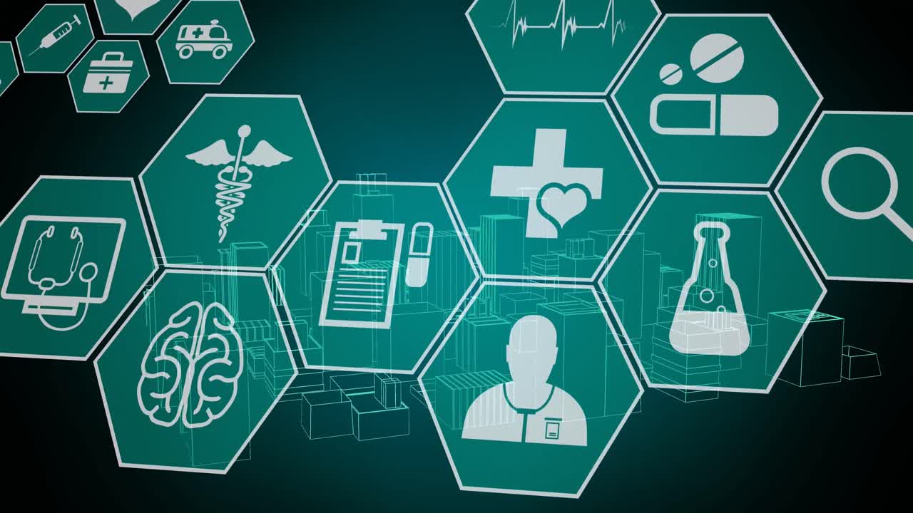 검은색 배경에 디지털 도시 위의 의료 아이콘의 애니메이션