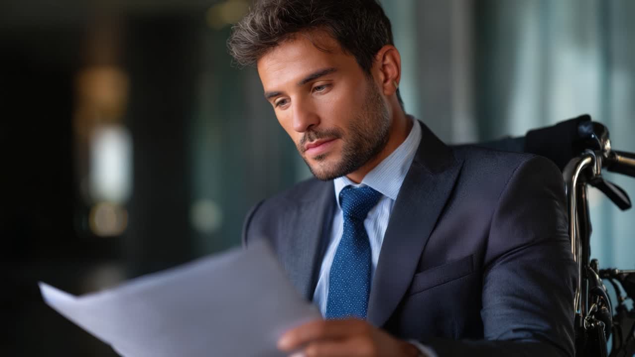Empresário Focado em Cadeira de Rodas Lendo Documentos Importantes com Concentração Intensa e Traje Profissional em um Ambiente de Escritório.