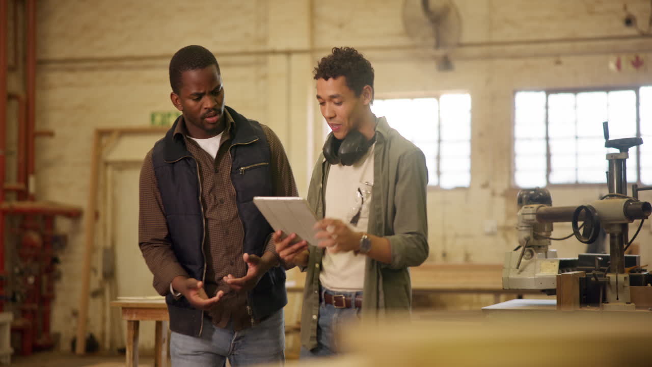 Men discussing woodworking plans on a tablet in a woodshop