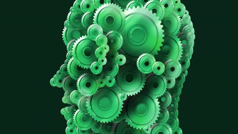 Animation-of-multiple-green-cogs-forming-human-head-on-green-background