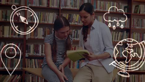 iconos del concepto de la escuela contra la maestra que enseña a la estudiante en la biblioteca