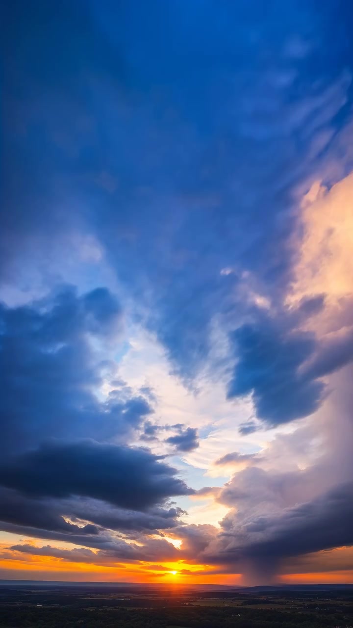 Vertical aerial view of sun near horizon lighting open sky above rural land while dense cloud banks flow inward, revealing bright edges, rain shaft, warm color, and wide atmospheric depth