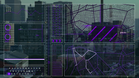 Animación-De-La-Interfaz-Con-Procesamiento-De-Datos-Frente-A-La-Vista-Aérea-Del-Paisaje-Urbano