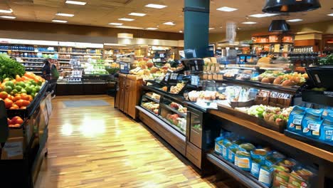 fresh produce and beverages displayed in a grocery store aisle