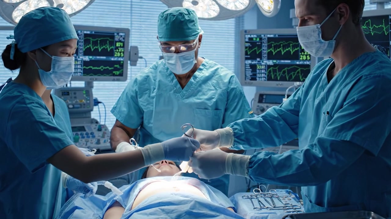 A Surgical Team in Action: Performing a Complex Operation in a High-Tech Operating Room with Advanced Monitoring Equipment and Focused Medical Professionals
