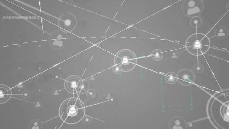 Animation of network of connections with people icons over grey background