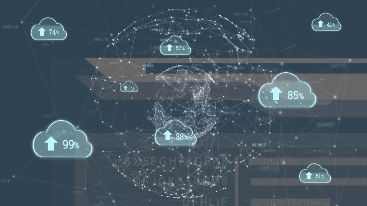 연결 네트워크와 데이터 처리의 전 세계에 걸쳐 여러 클라우드 업로드 아이콘의 애니메이션