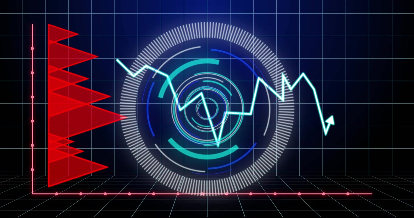 Animazione di elaborazione dati con freccia blu su scansione di uno schermo e griglia.