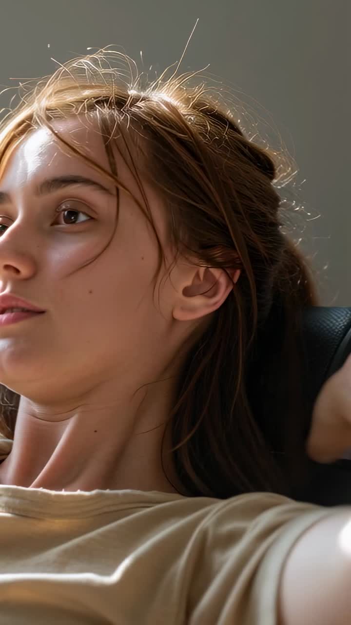 Vertical video: Leaning woman in beige tee securing hair in mesh chair at home sunlight on strands