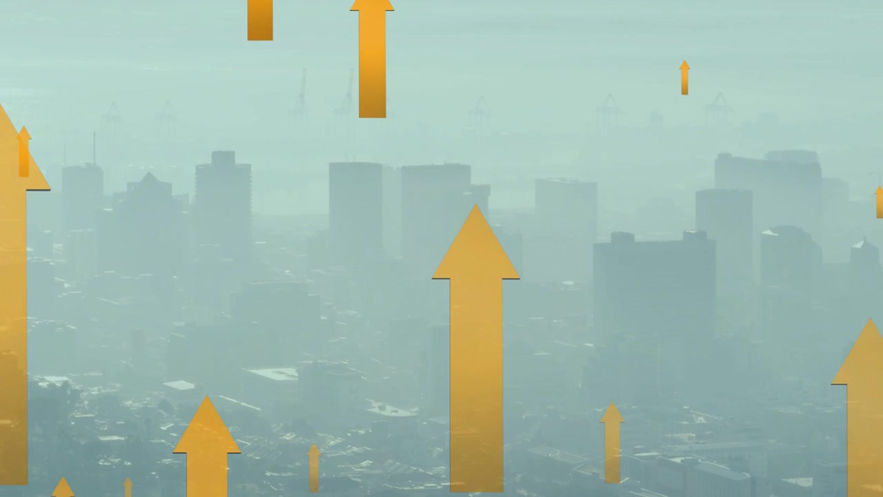 On start gold-orange arrows emerging from bottom and rising over skyline showing market rise