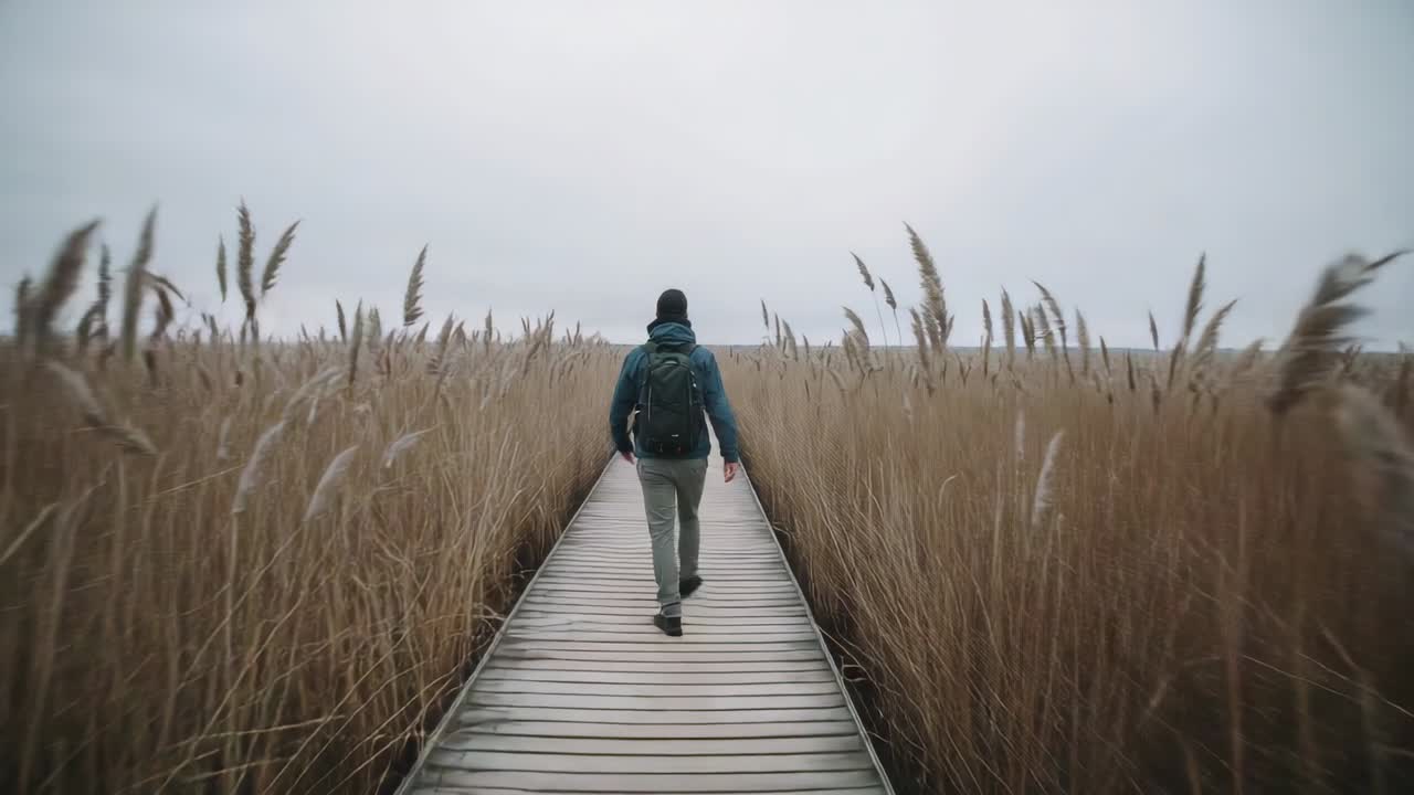 Walking man starting step toward horizon on boardwalk through reeds, with beanie jacket backpack
