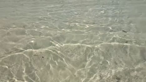 Tight-Shot-of-Crystal-Clear-Water-Panning-Up-to-Show-a-Beach-Umbrella