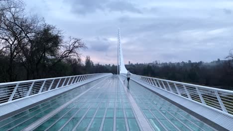 Woman-walking-dog-over-Sundial-Bridge,-Turtle-Bay-Redding,-on-rainy-day